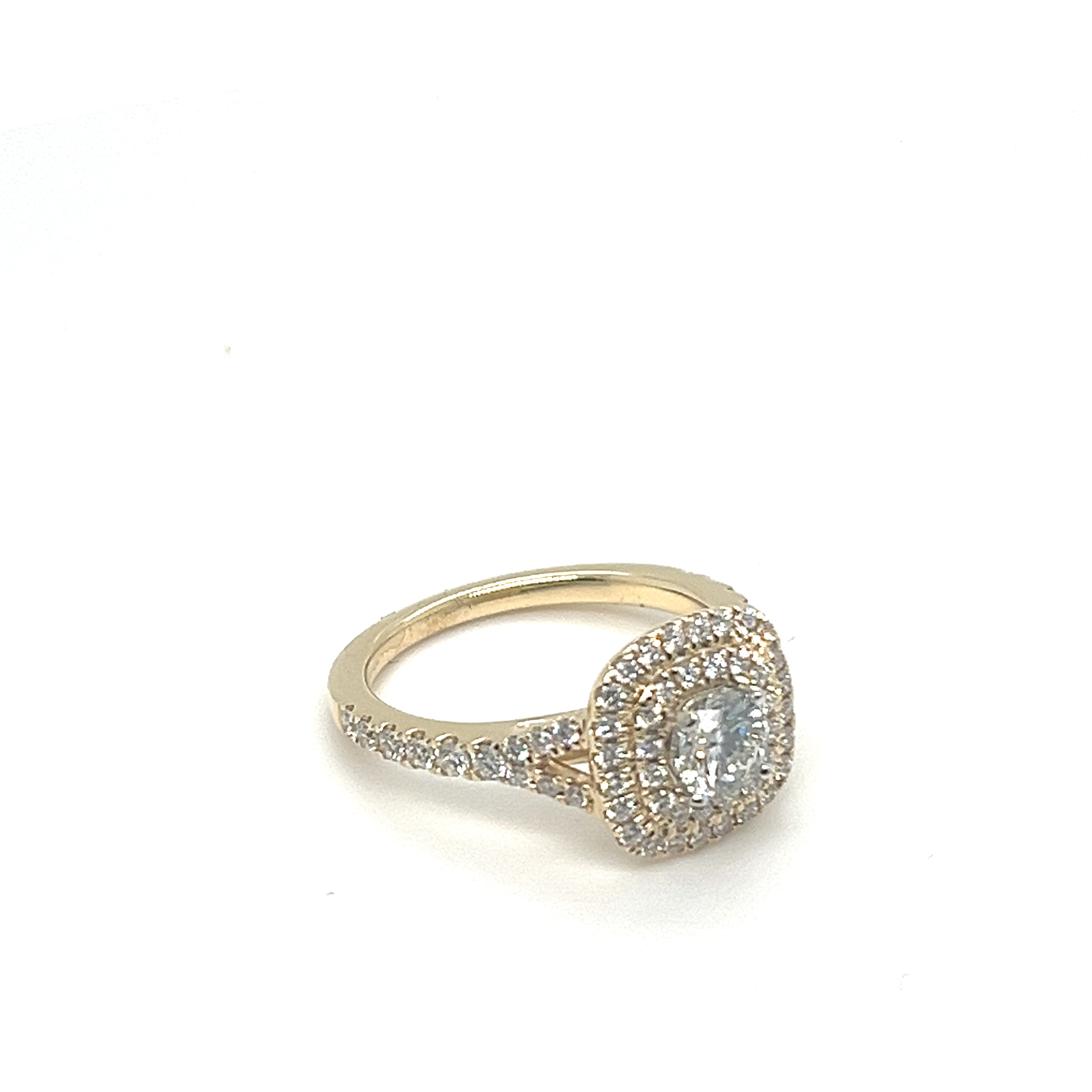 0.65 CT BR E-I1 NCT DIA/ 14KYG BR 0.66CTW CUSHION SPLIT SHANK DBL HALO ENG RING