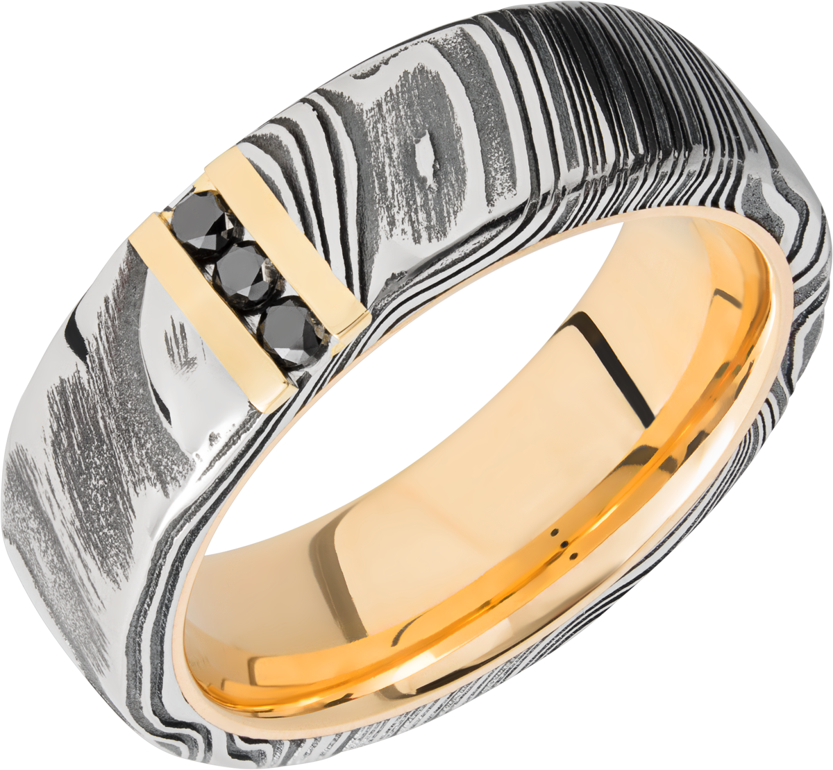 damascus-steel-woodgrain-band-that-is-8mm-wide-flat-band-with-a--14-karat-yellow-gold-inside-sleeve