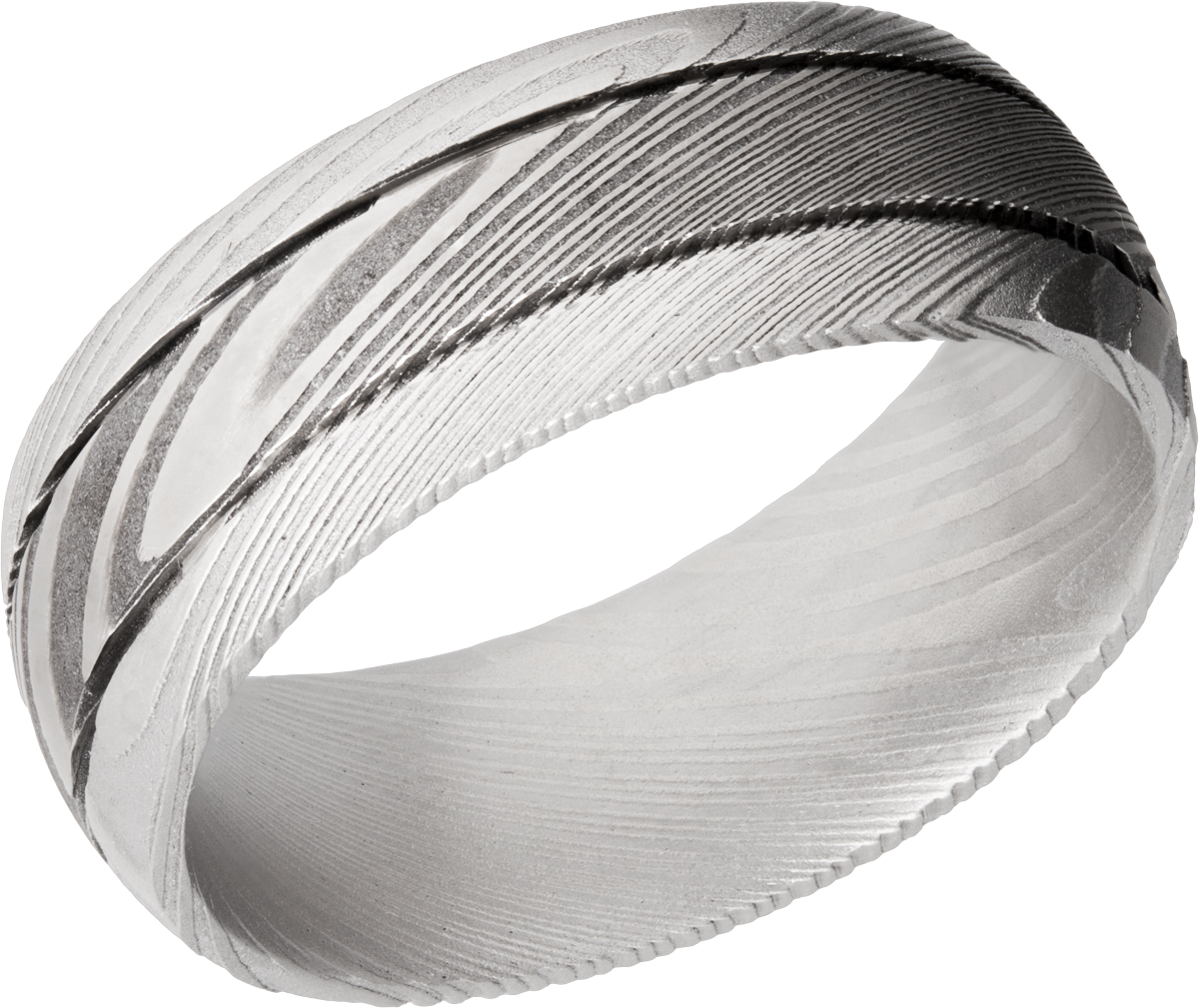 damascus-steel-8mm-domed-band-with-two-grooves-that-are-each-0.5mm-wide,-spaced-across-the-top-of-t