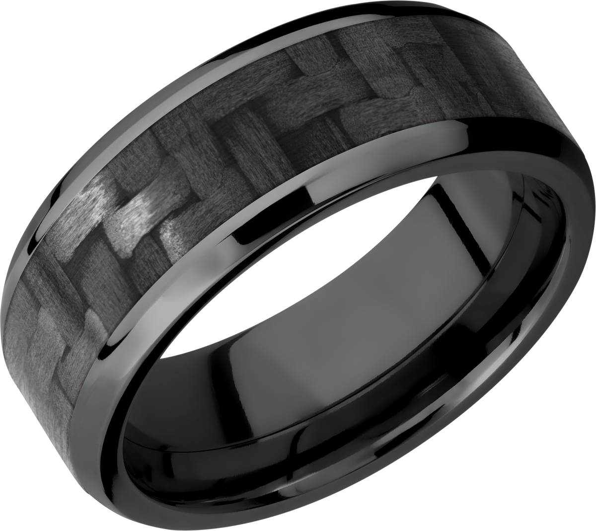 black-zirconium-8mm-beveled-edge-band-with-one-inlay-that-is-5mm-wide-of-black-carbon-fiber.-polish