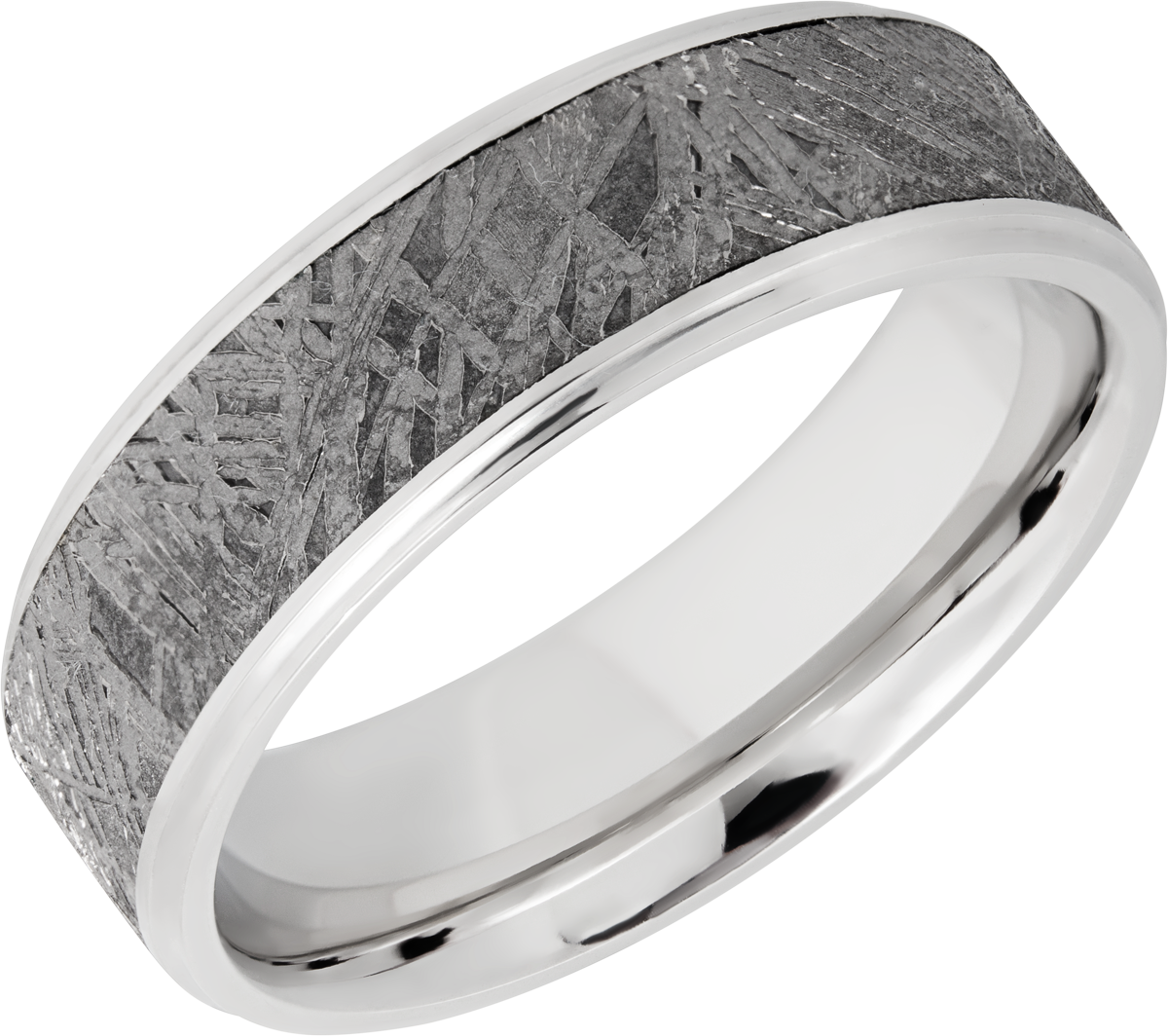 Cobalt chrome 7mm beveled edge band with one inlay that is 5mm wide of meteorite. (NS)= No step POL