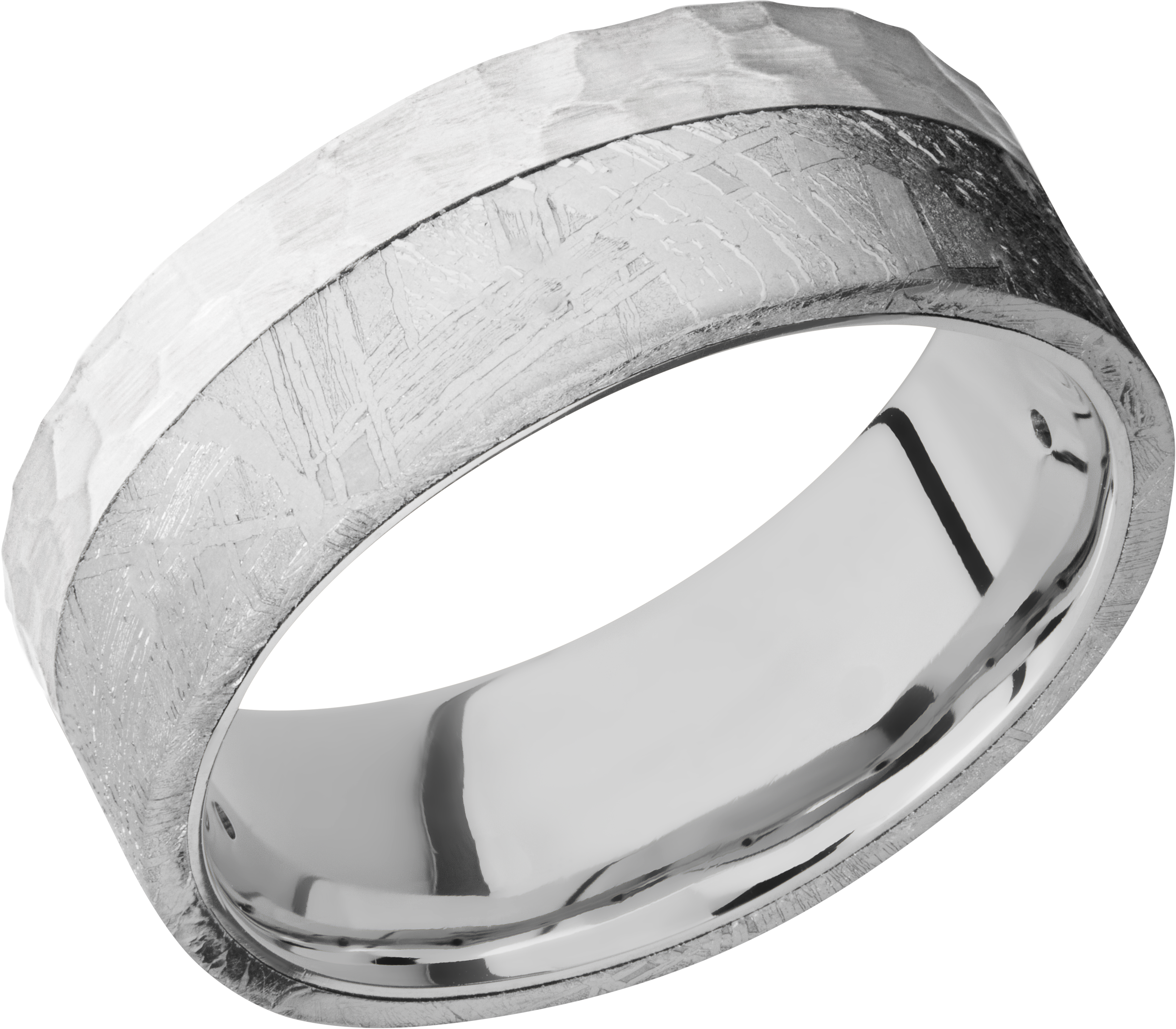 Cobalt chrome 7mm flat band with grooved edges with one inlay that is 5mm wide set in the center of