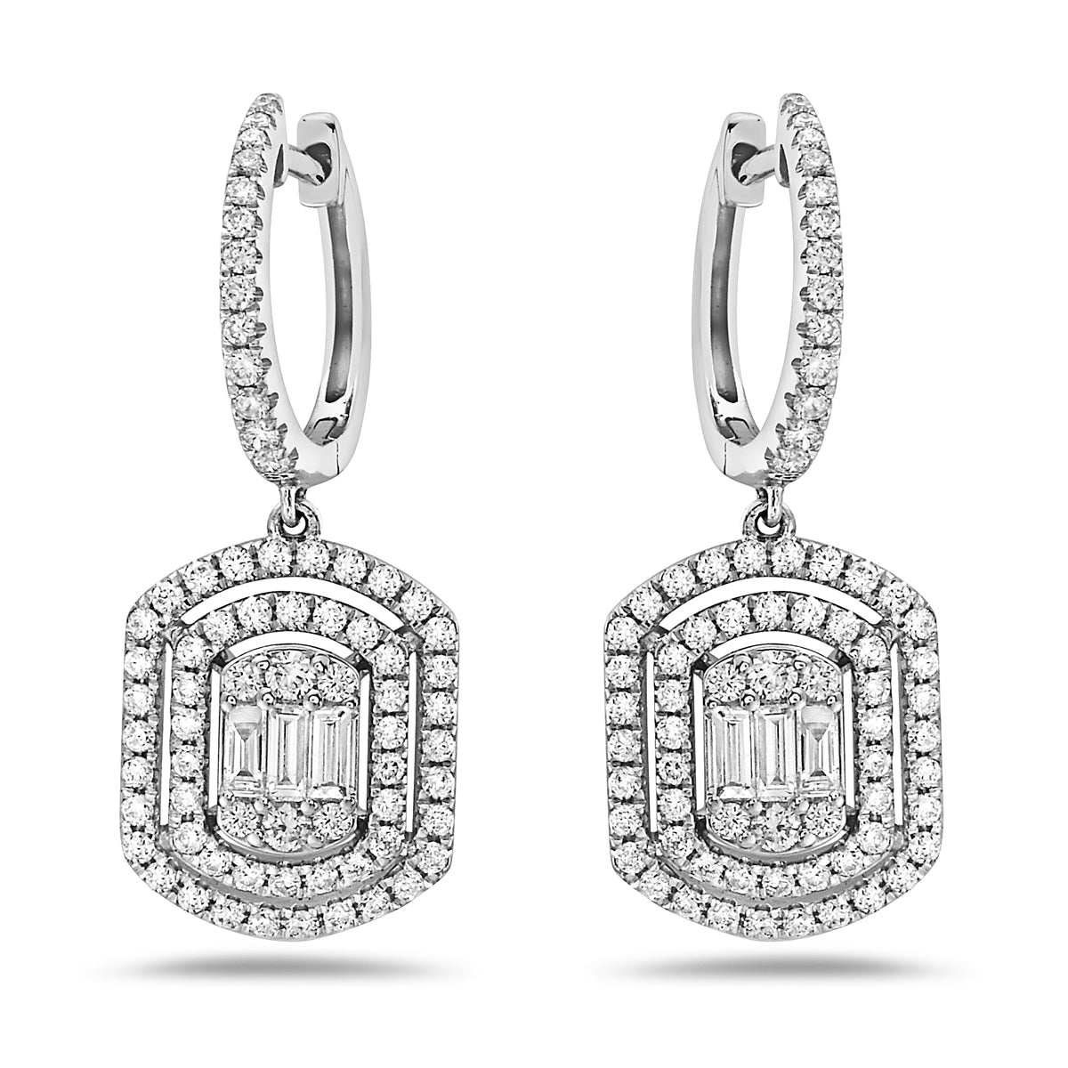 18KWG 1.33CTW BR AND BAG DIA DBL HALO DANGLE EARRINGS