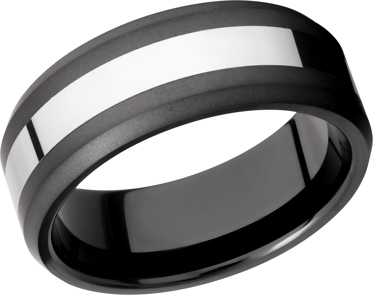 Tungsten ceramic band that is 8mm wide with a beveled edge. The center of the band is silver in col