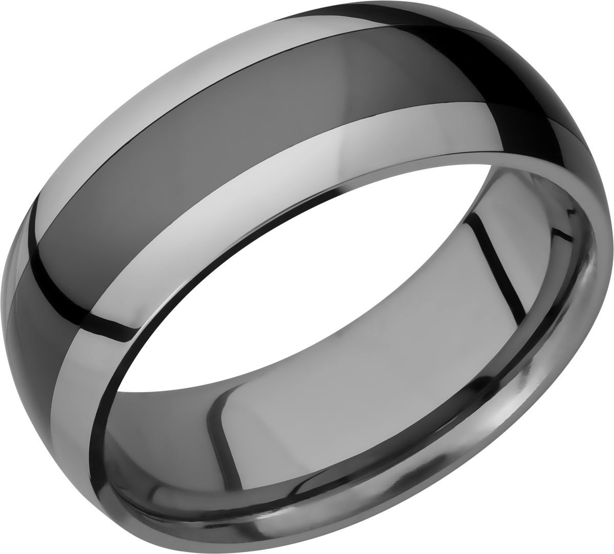 Tungsten ceramic band that is 8mm wide, with a black center and silver color edges. SAND
