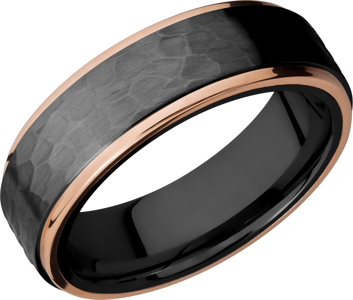 Black zirconium 7mm flat band with grooved edges, each edge has an inlay that is 1mm wide of 14k ro