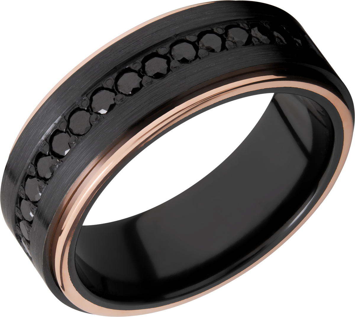Zirconium 8mm wide flat with groove edges, edges in 14K rose gold  and 9 evenly spaces black diamon