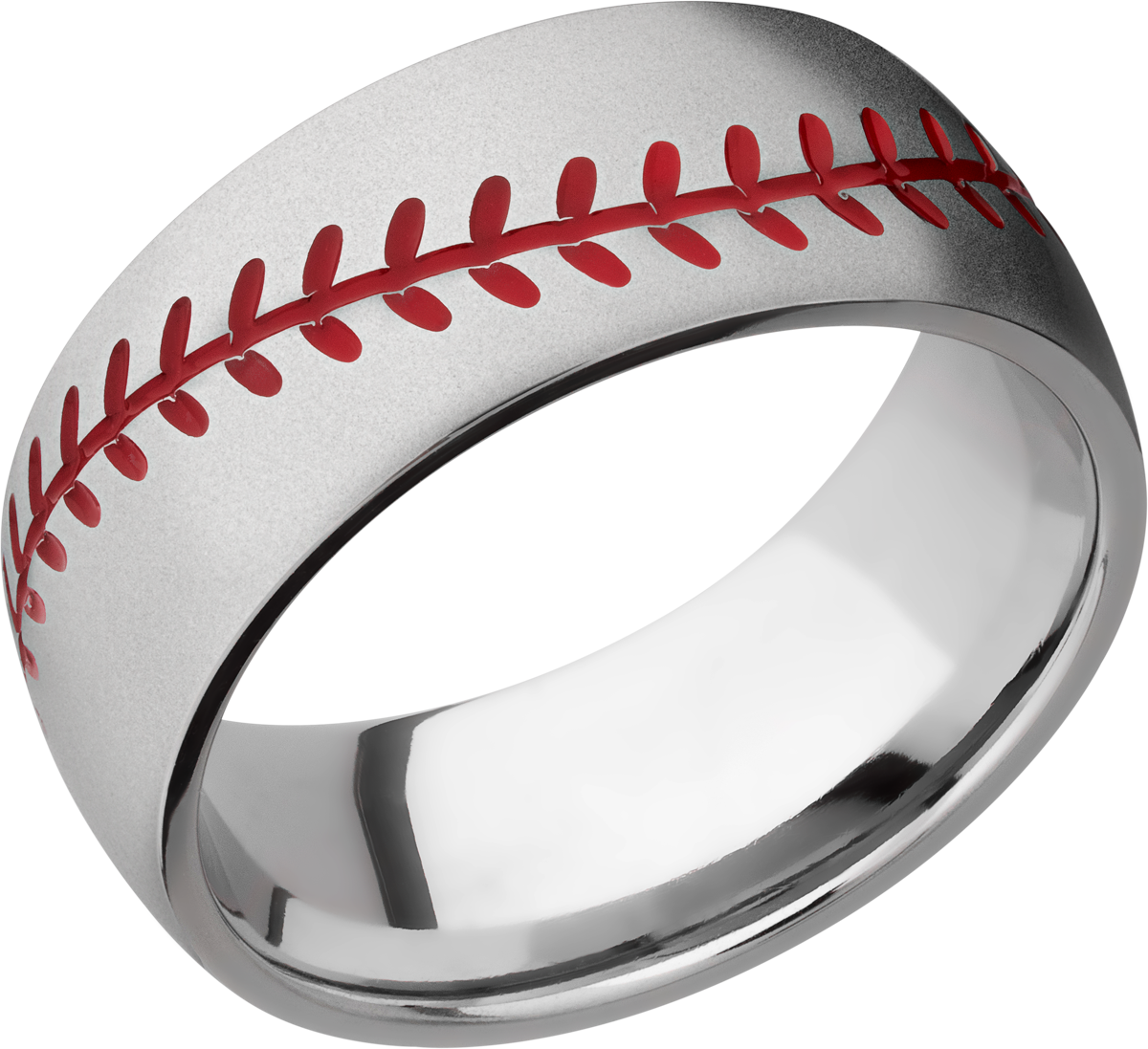 cobalt-chrome-8mm-domed-band-with-a-baseball-pattern-carved-into-the-band-with-a-red-cerakote-added