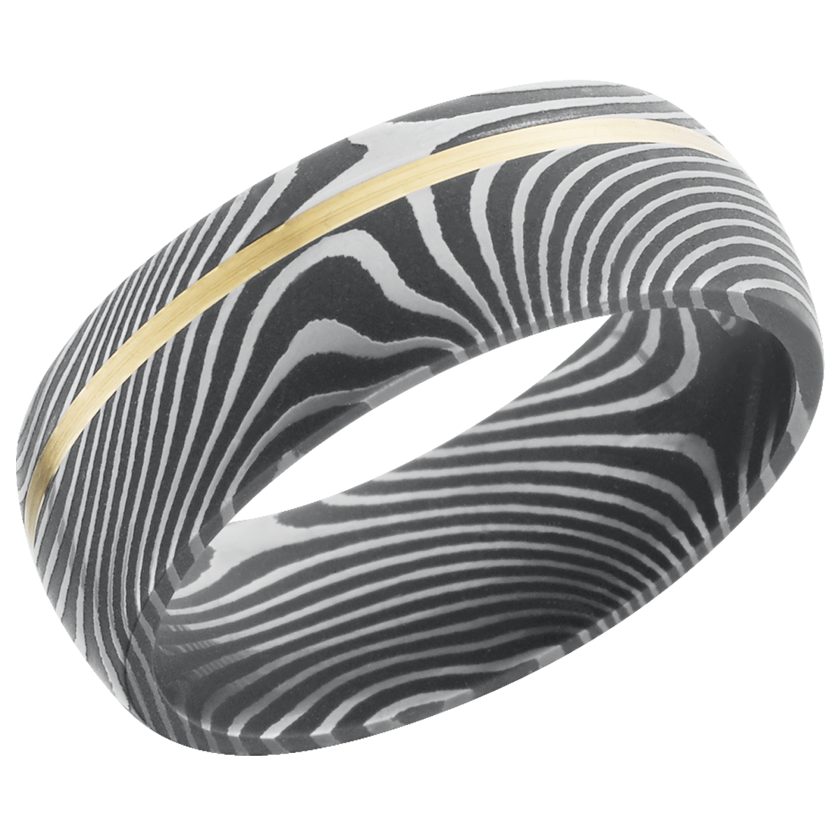 damascus-flat-twist-steel-8mm-domed-band-with-one-inlay-that-1mm-wide-set-off-center-of-14k-yellow