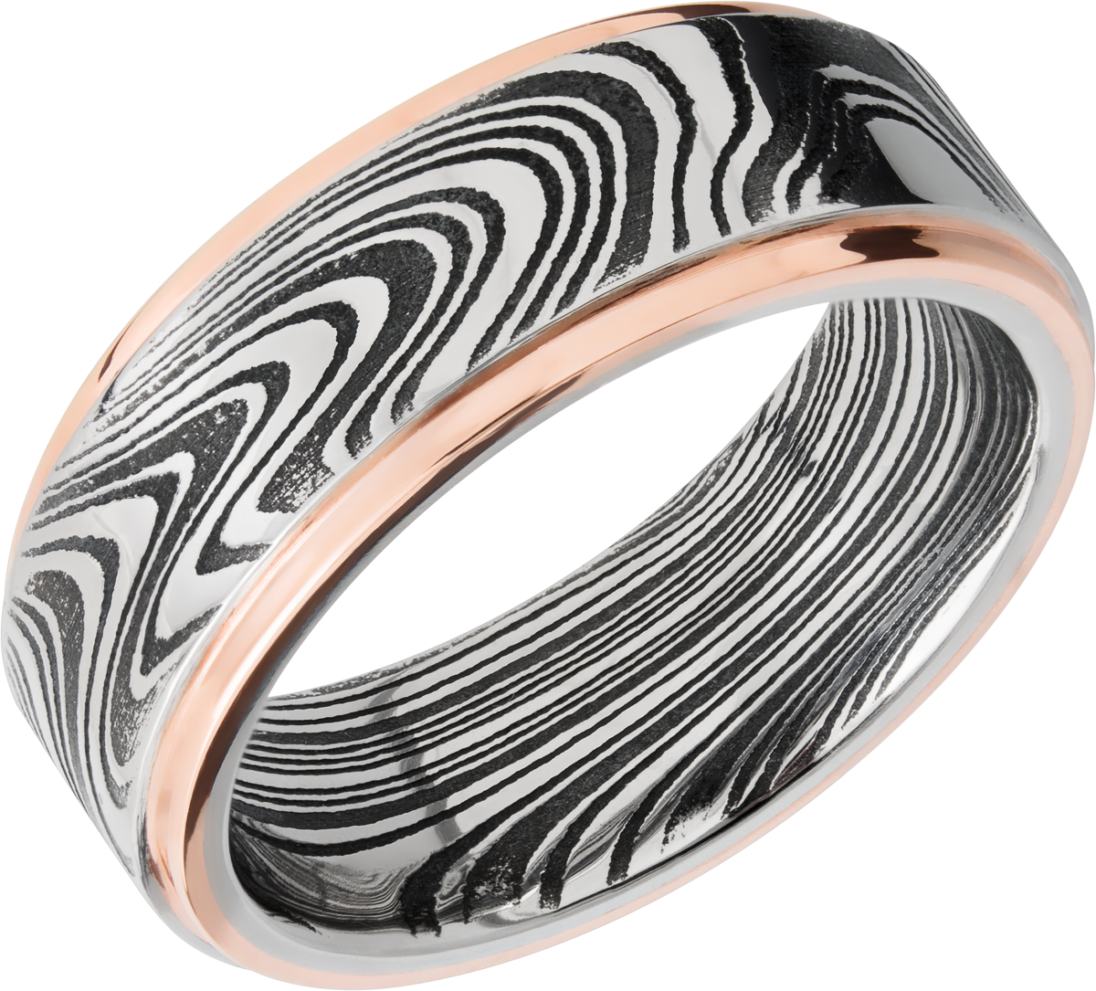 damascus-steel-7mm-flat-band-with-grooved-edges,-each-edge-has-1mm-inlay-of-14k-rose-gold.--acid/po