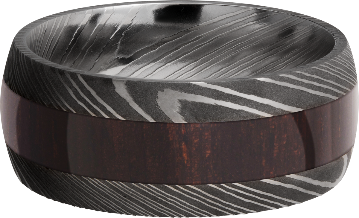 damascus-steel-9mm-domed-band-with-one-inlay-that-is-4mm-wide-of-hardwood.-acid/-natcoco