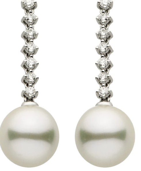 18KWG PEARL W 0.42CTW BR DIA DROP EARRINGS