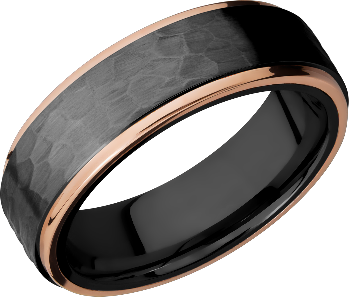 black-zirconium-7mm-flat-band-with-grooved-edges,-each-edge-has-an-inlay-that-is-1mm-wide-of-14k-ro