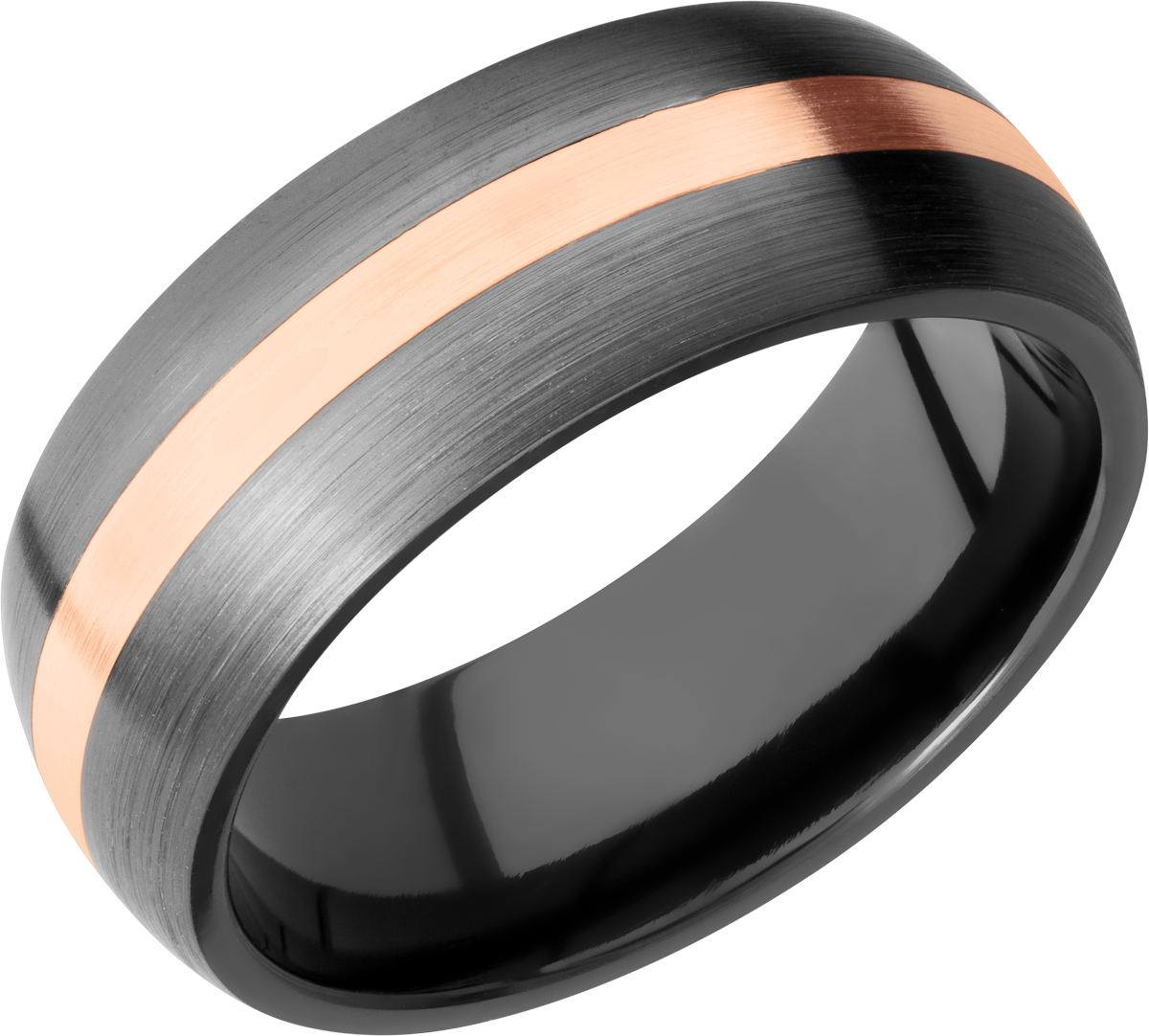 black-zirconium-8mm-domed-band-with-one-inlay-that-is-2mm-wide-of-14k-rose-gold.-satin/satin
