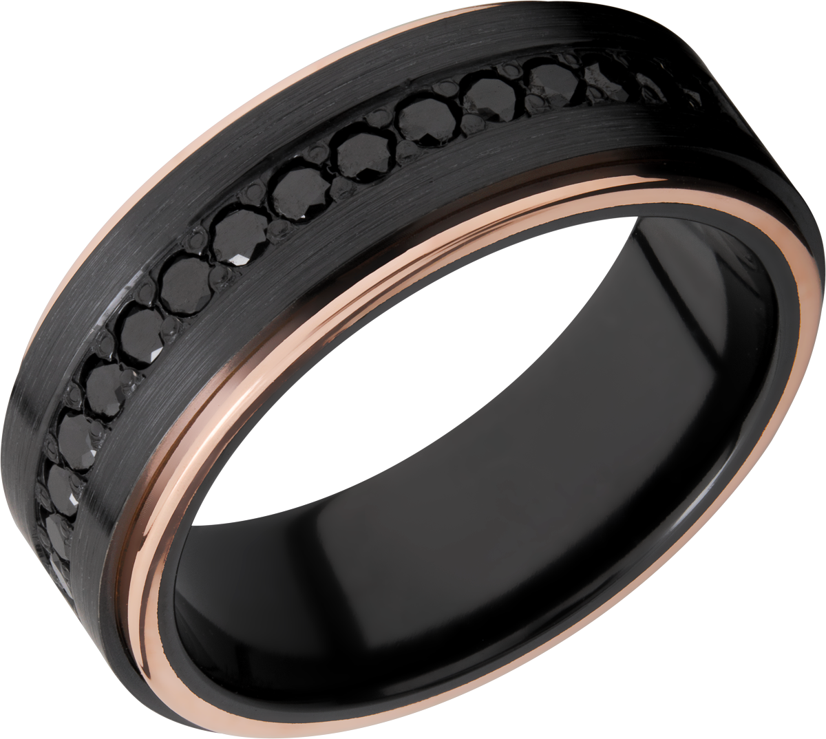 zirconium-8mm-wide-flat-with-groove-edges,-edges-in-14k-rose-gold--and-9-evenly-spaces-black-diamon