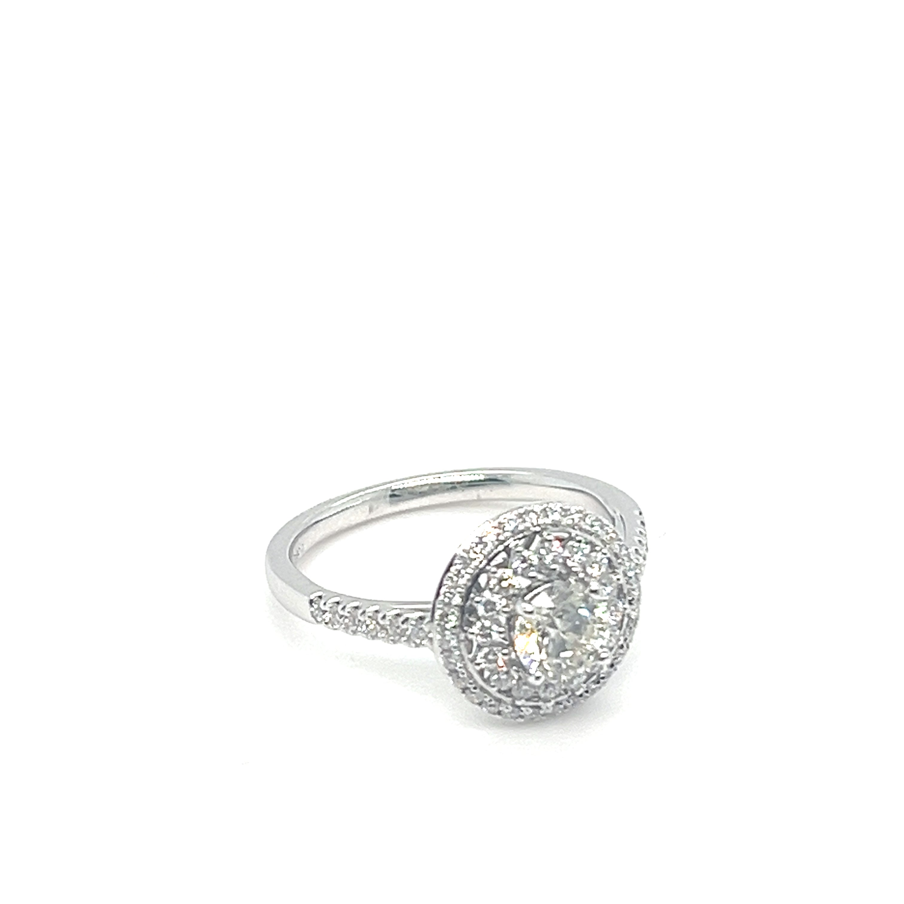 0.51CT BR F-SI2 NCT/14KWG BR 0.39CTW DIA DOUBLE ROUND HALO W/ SINGLE SHANK ENG RING.