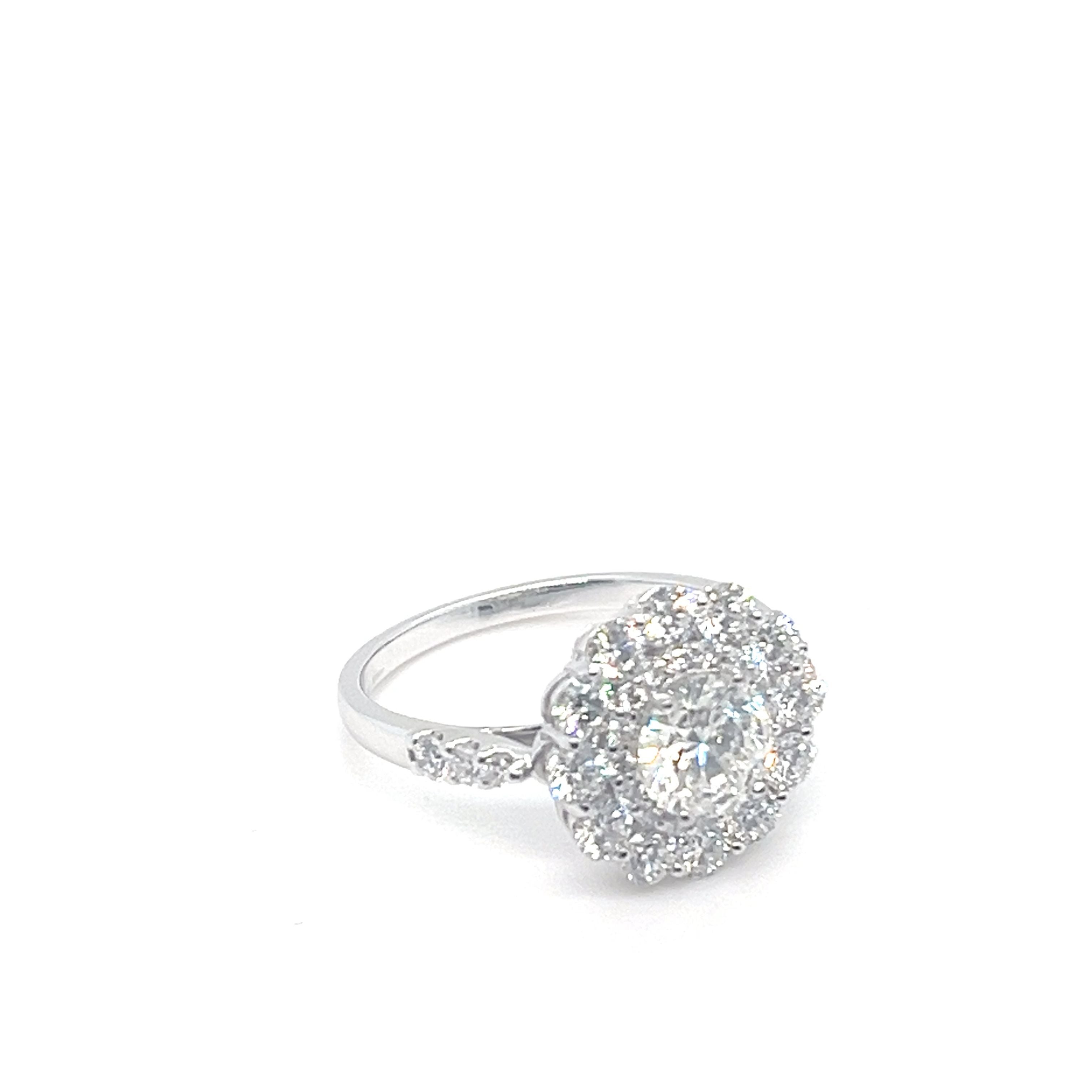 0.95 CT I-SI2  BR NCT /PLATINUM DOUBLE FLORAL HALO  ENG RING