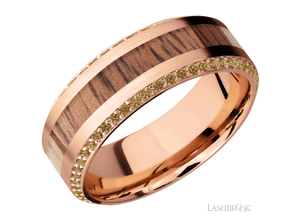 14k rose gold 8.5mm high beveled edge band with one inlay that is 4.5mm wide of hardwood. With eter