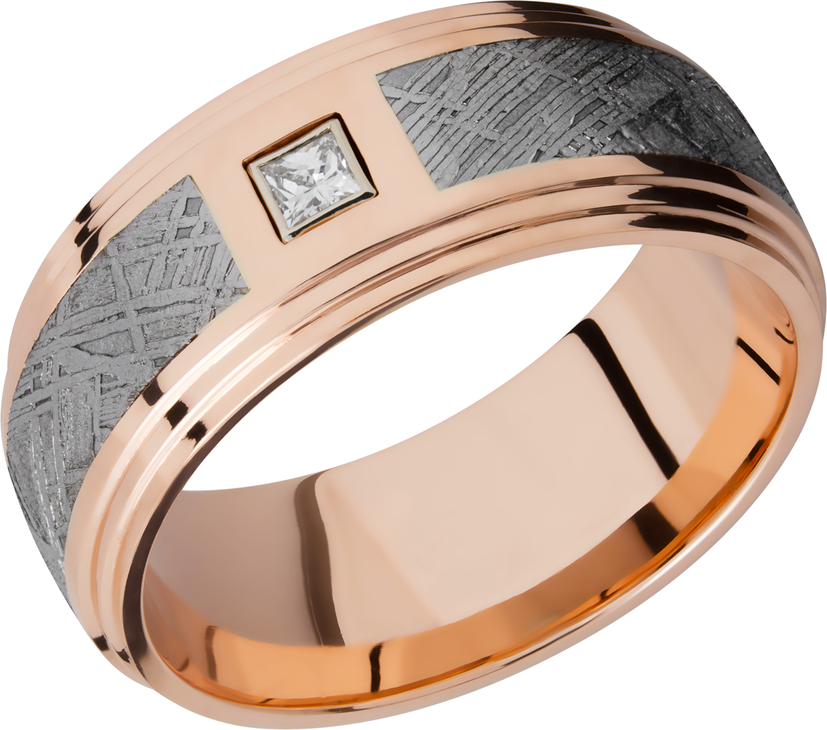 14k rose gold 9mm flat band with 2 step edges, with one inlay that is 4.5mm wide of meteorite. Has