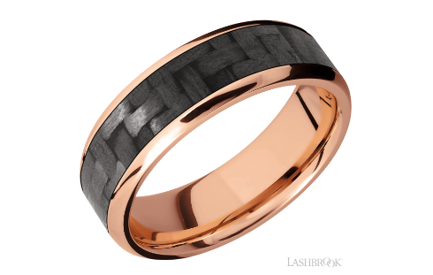 14k rose gold 7mm beveled edge band with one inlay that is 5mm wide of black carbon fiber. (NS)=No