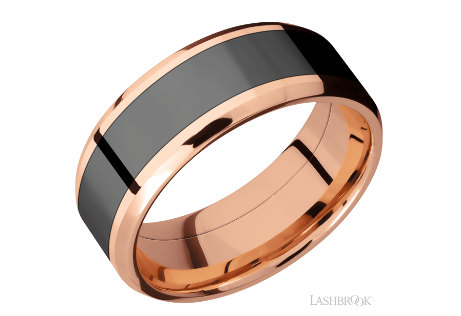 14k rose gold press fit band that is 8mm beveled edge band with one inlay that is 5mm wide of Black