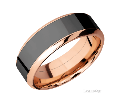 14k Rose gold 8mm wide high bevel band with a 5mm inlay of zirconium MENS BAND POLISH/ROCK