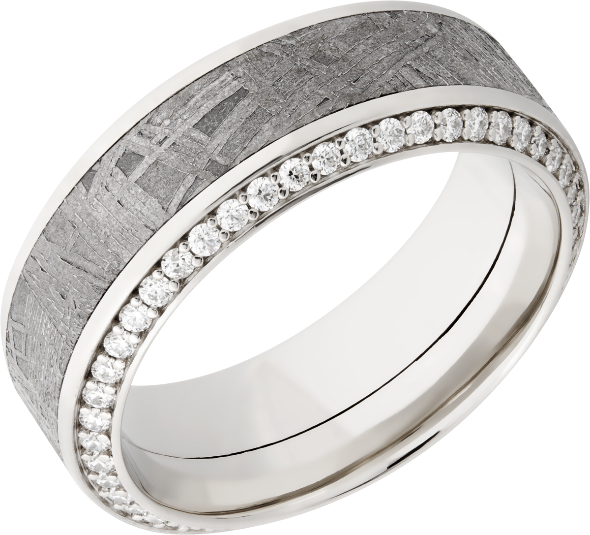 14k White gold 8.5mm high beveled edge band with on inlay that is 4.5mm wide of meteorite. With 1.3