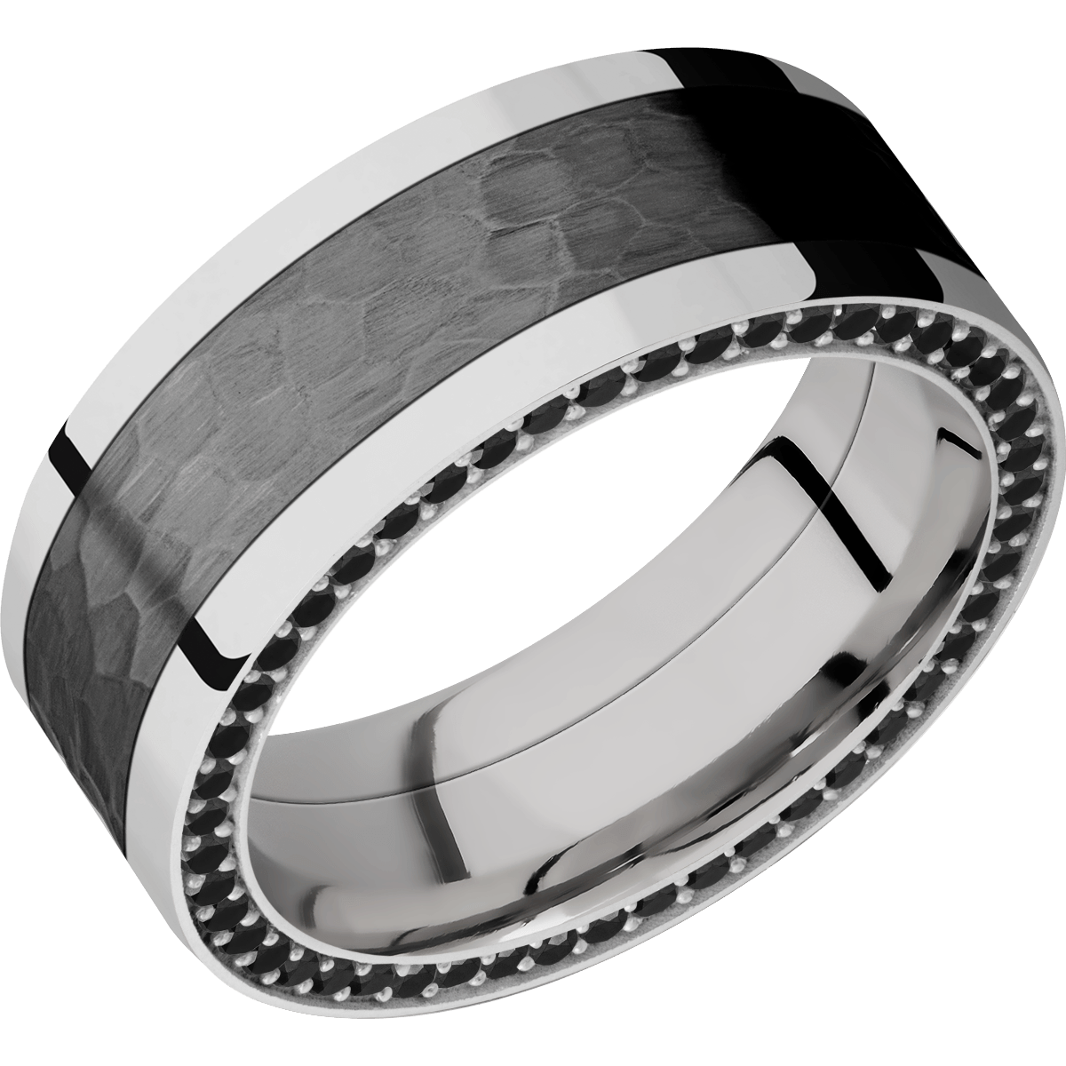 14k white gold press fit 7mm wide flat band that has one inlay that is 5mm wide of black zirconium.