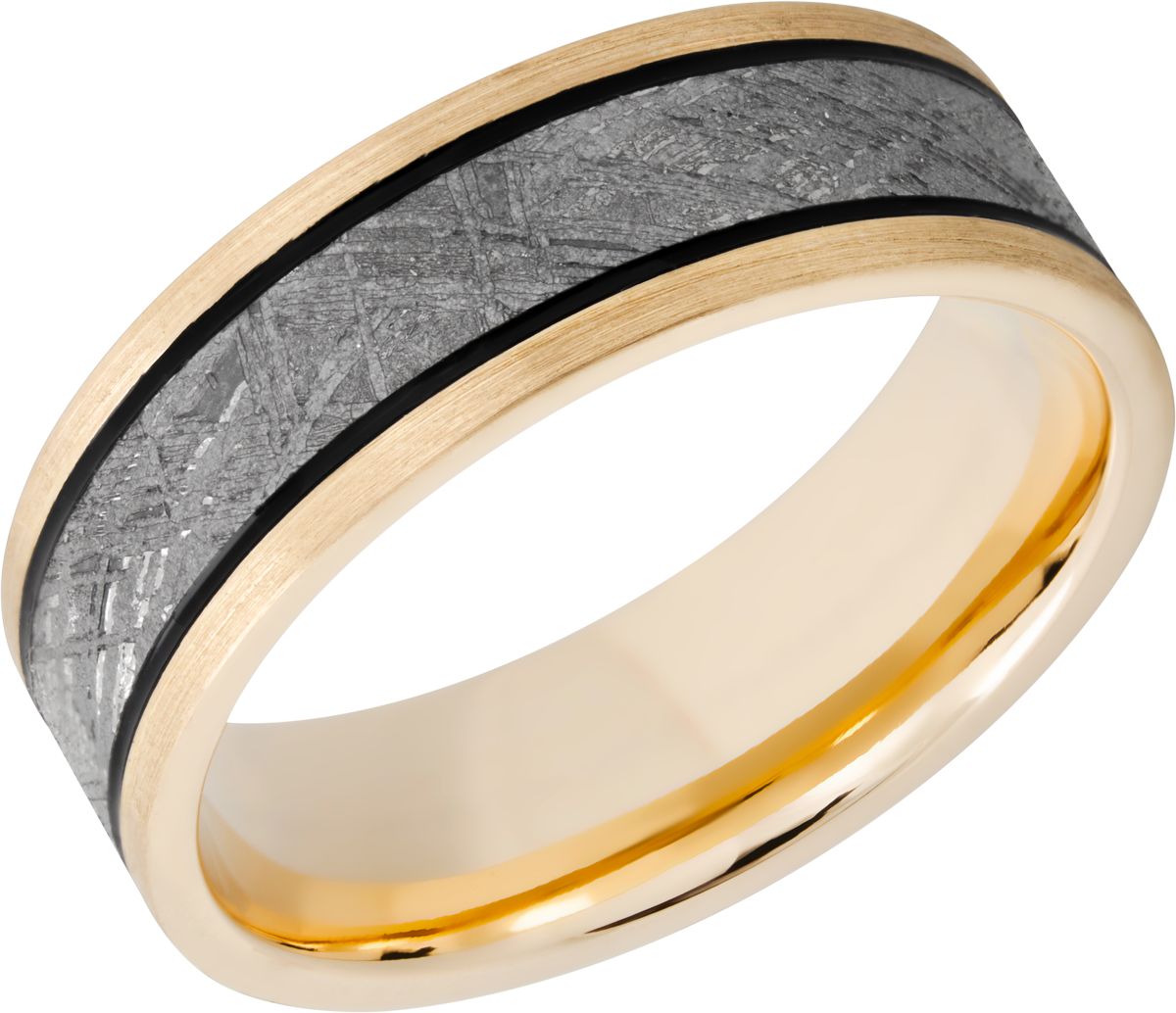 14k Yellow gold 7mm domed band with one inlay that is 5mm wide of the meteorite. SATIN