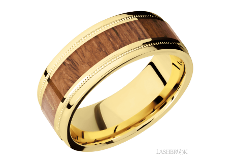 14k yellow gold 8mm flat band with grooved edges with wide set milgrain with one inlay that is 4mm