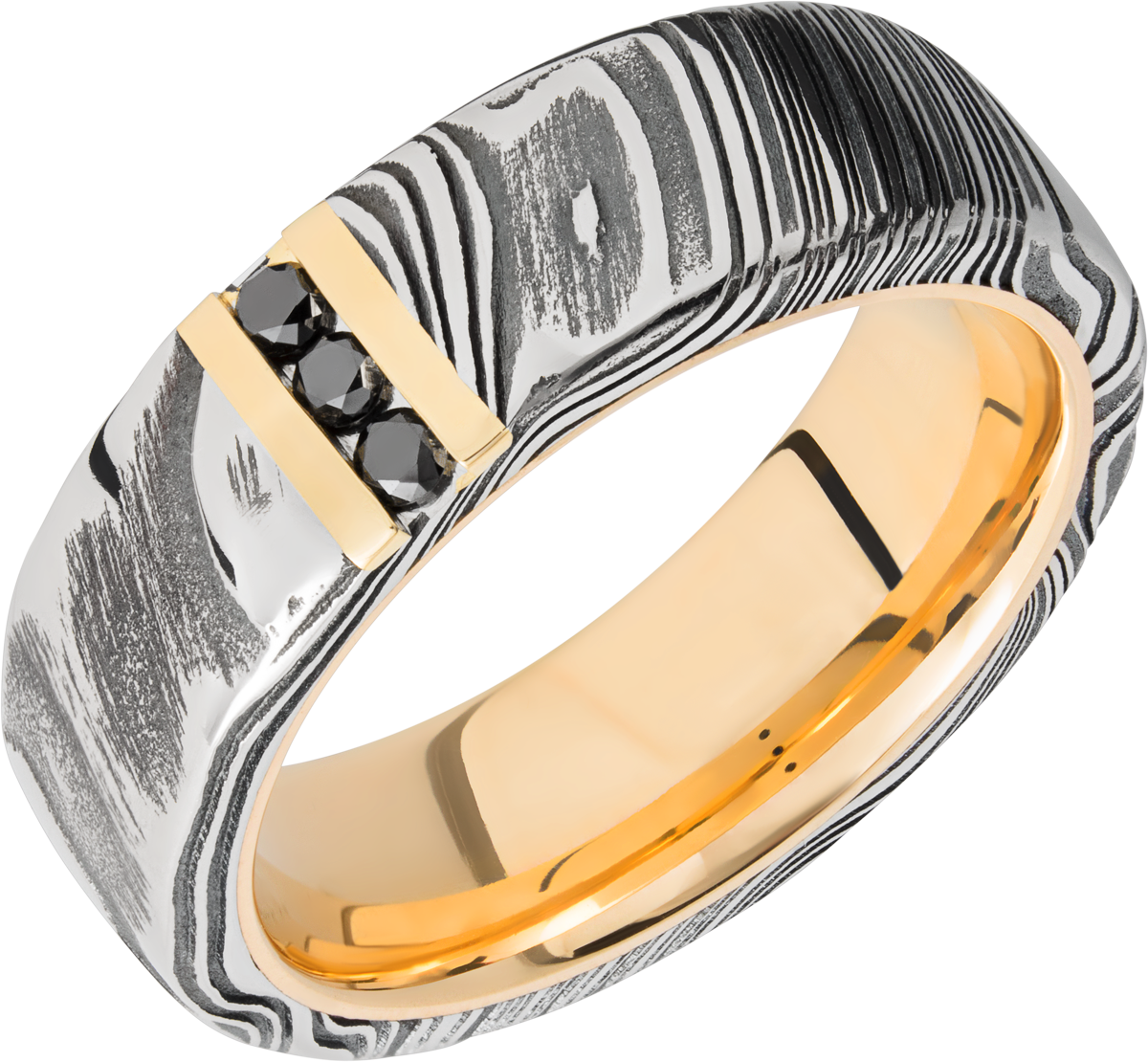 Damascus steel woodgrain band that is 8mm wide flat band with a  14 karat yellow gold inside sleeve