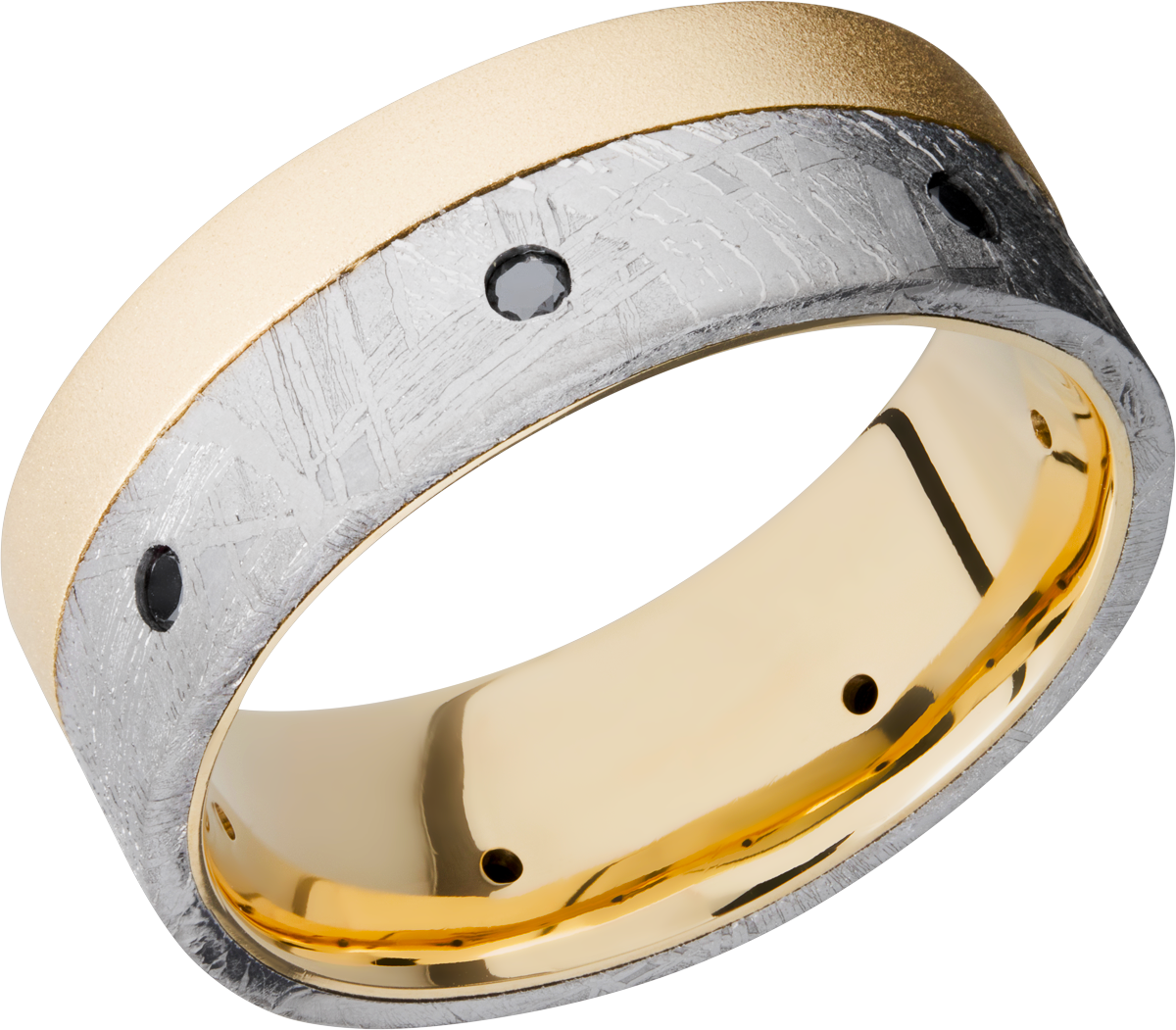 18k yellow gold 8mm flat band with one inlay that is 5mm wide set off center all the way to one edg