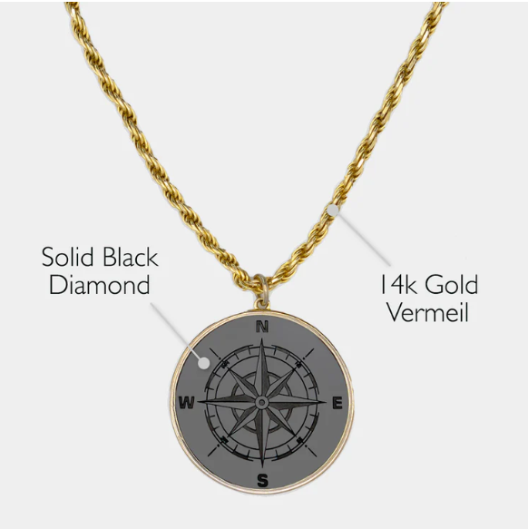 14KYG 16CT 26MM SOLID DIAMOND COMPASS ENGRAVED W YG BACKING ROPE CHAIN NECKLACE