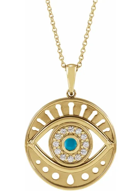 14KYG 0.16CTW AND TURQUOISE ROUND DIA EVIL EYE NECKLACE