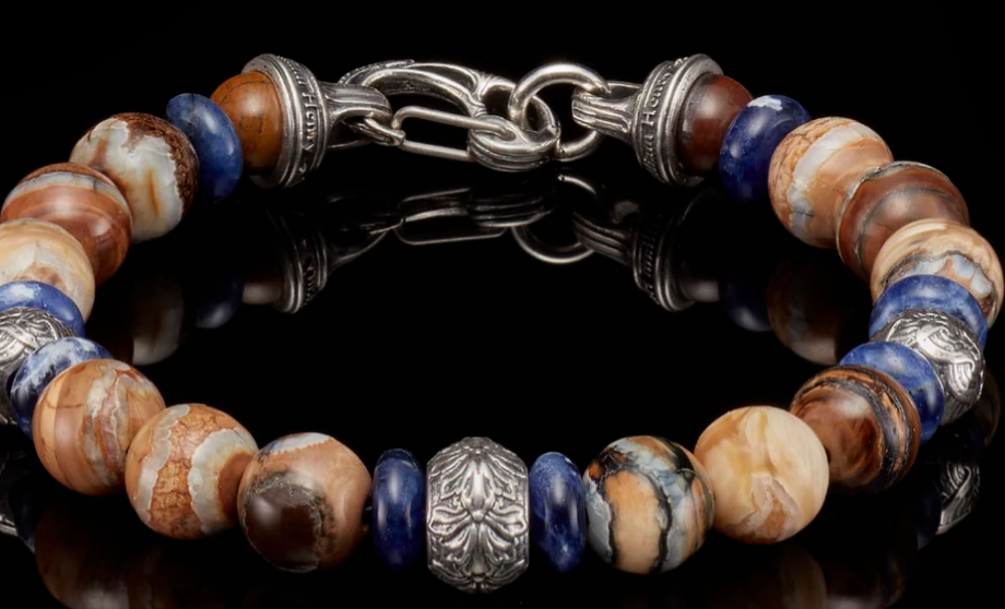 SILVER AND SODALITE WITH MOLAR TOOTH OF WOOLY MAMMOTH BEADS