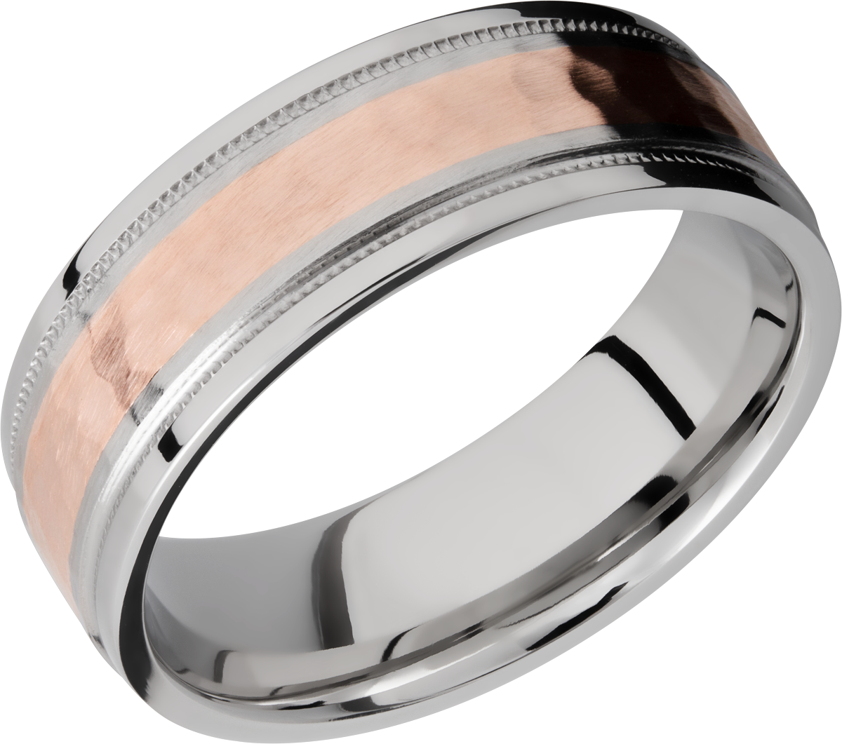 Cobalt chrome 7.5mm flat band with grooved edges with wide set milgrain. With one inlay that is 3mm