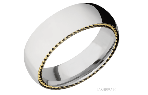 Coblat chrome 7mm domed band with 14k yellow gold side braids. satin