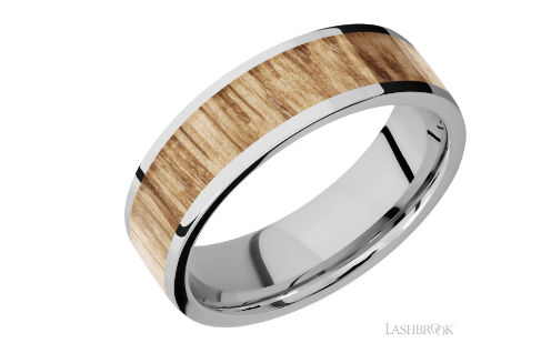 Cobalt chrome 7mm flat band with one inlay that is 5mm wide of hardwood. SATIN/ SEQUOIA