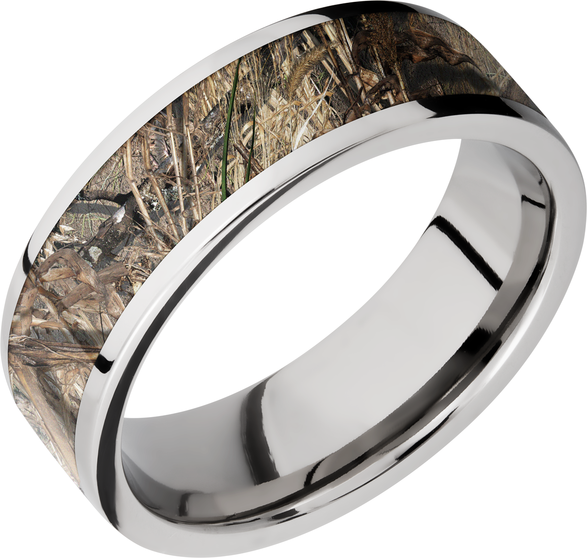 Cobalt chrome 7mm flat band with one inlay that is 5mm wide of a mosaic pattern. BLACK DINO