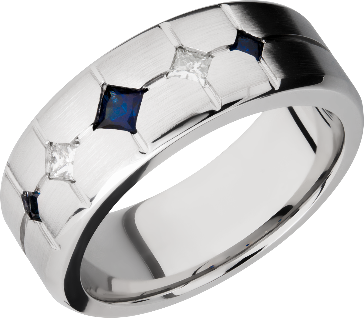 cobalt chrome 8mm beveled edge band with 3 sapphires and 2 diamonds set Onpoint/kite set on the top