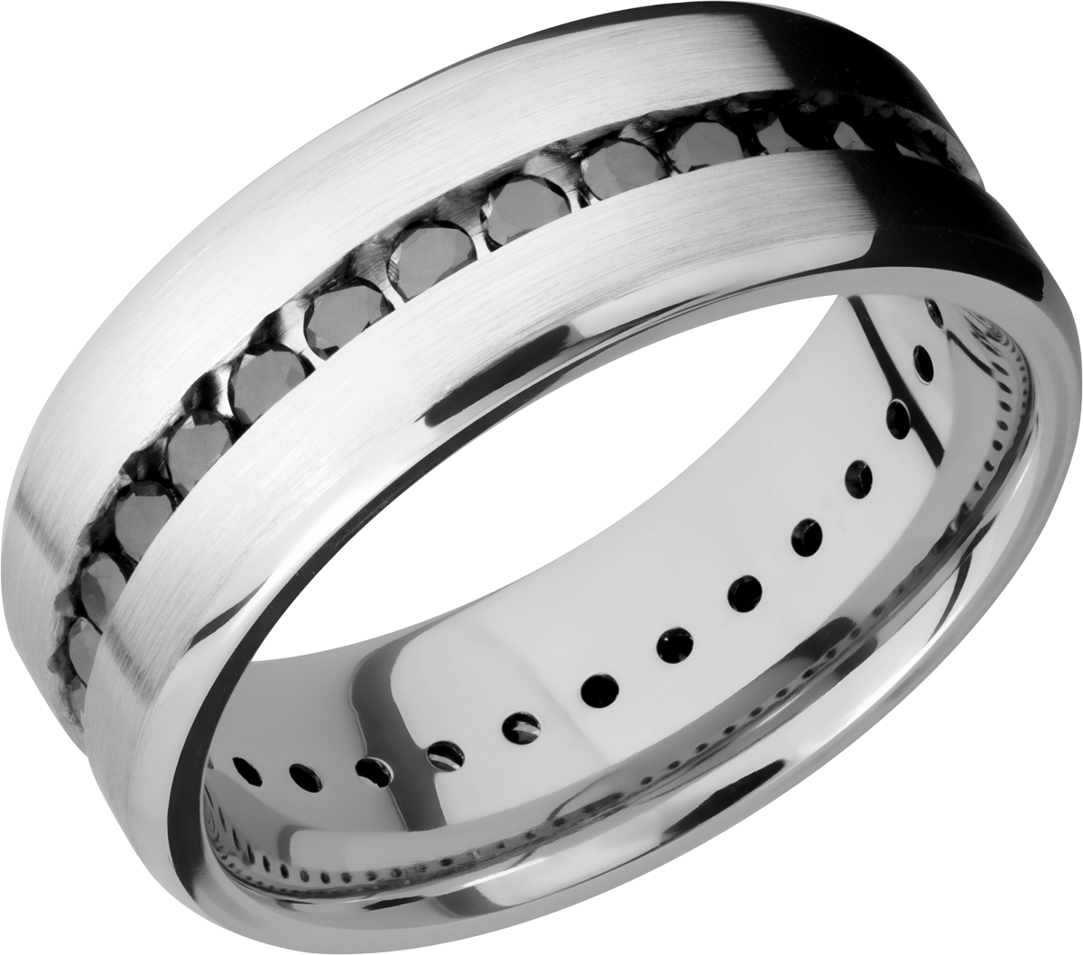 Cobalt chrome 8mm beveled edge band with an eternity channel of .04ct round band diamonds. Satin/Po