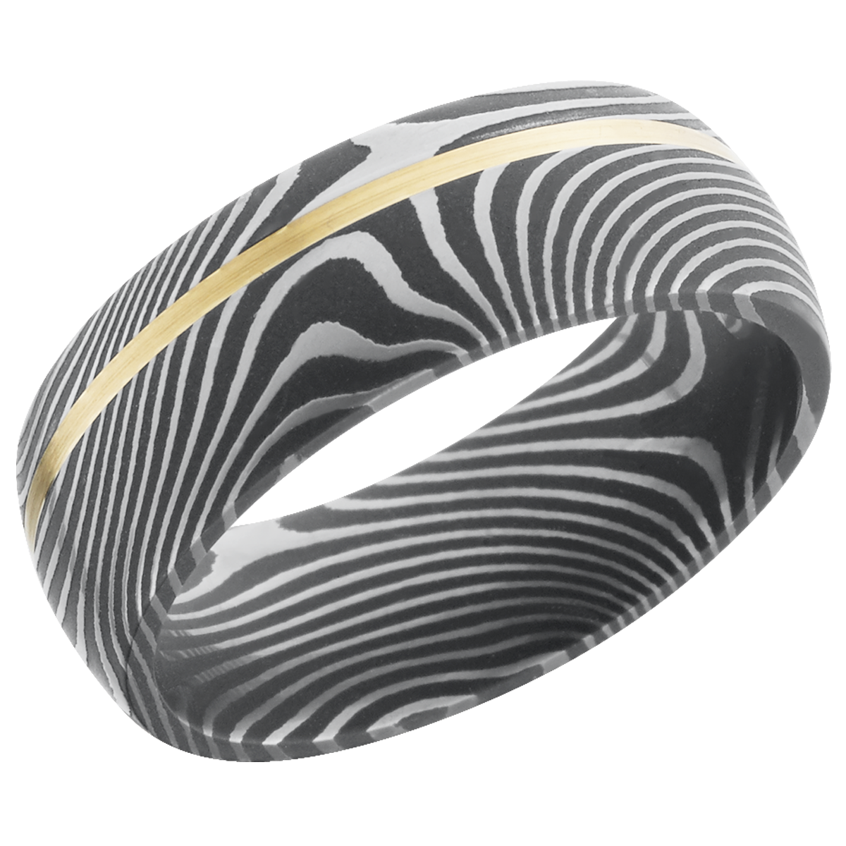 Damascus Flat Twist steel 8mm domed band with one inlay that 1mm wide set off center of 14k yellow