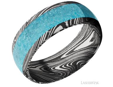 Damascus steel marble pattern 8mm domed band with one inlay that is 5mm wide of a mosaic pattern.