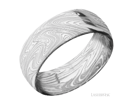 Damascus steel 8mm domed band of the Marble pattern. ALL CERAKOTE : SNOWWHITE
