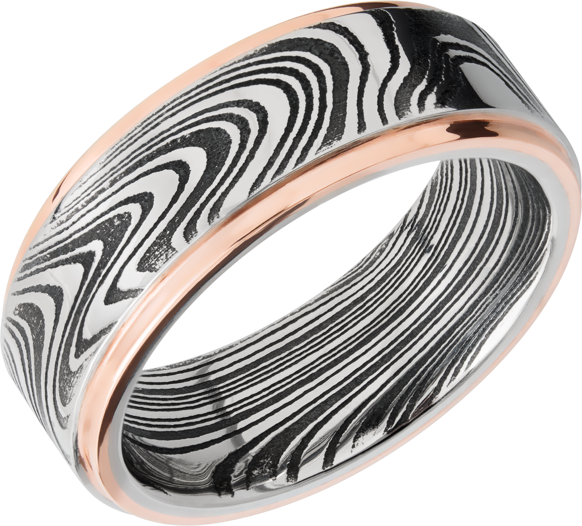 Damascus steel 7mm flat band with grooved edges, each edge has 1mm inlay of 14k rose gold.  Acid/Po