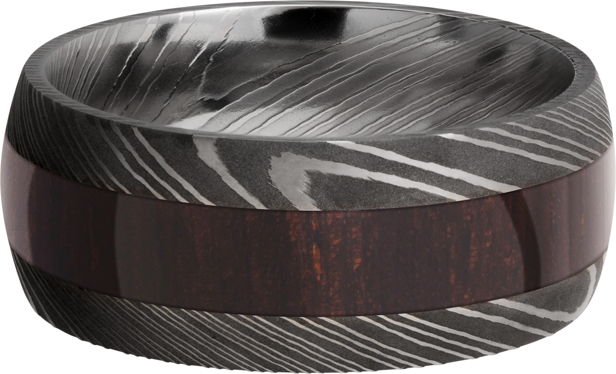 Damascus steel 9mm domed band with one inlay that is 4mm wide of hardwood. ACID/ NATCOCO