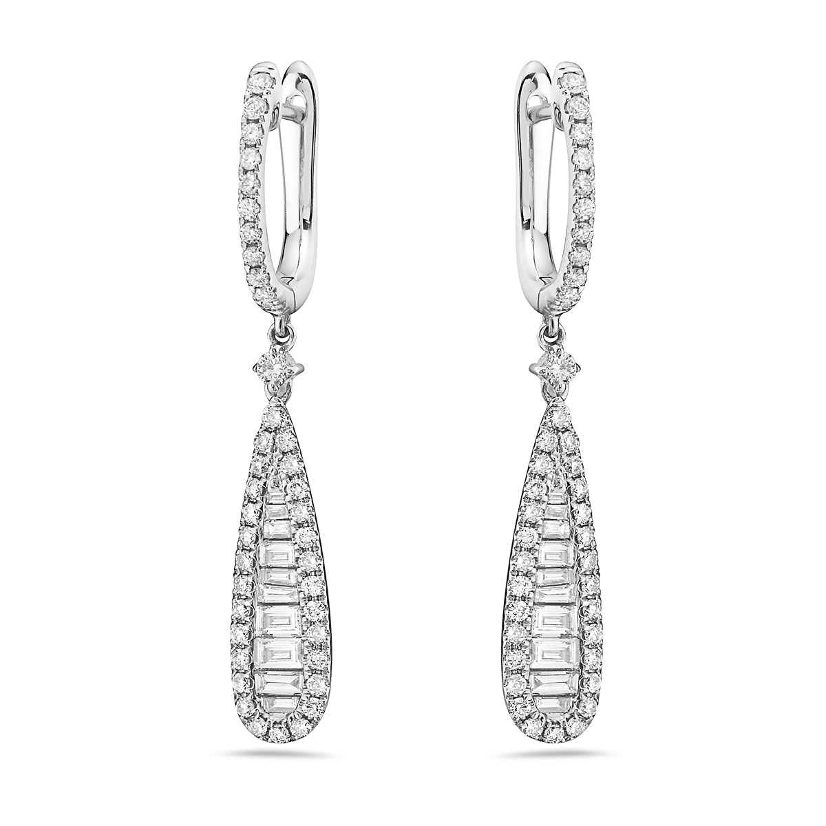18KWG 1.34CTW BR AND BAG DIA CHANNEL SET W DIA SIDES DROP EARRINGS