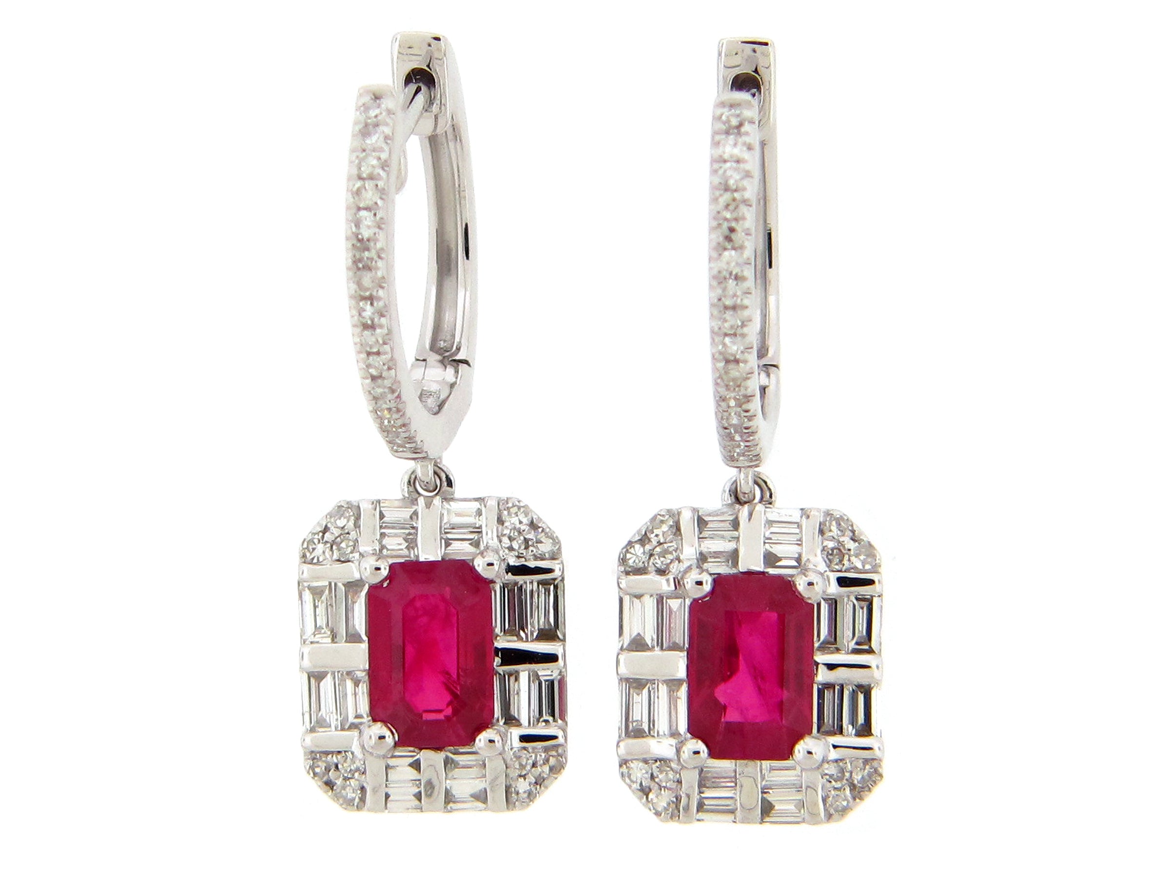 14KWG 0.70CTW BR DIA 1.21CTW RUBY WITH BAGUETTE HALO DANGLE EARRING