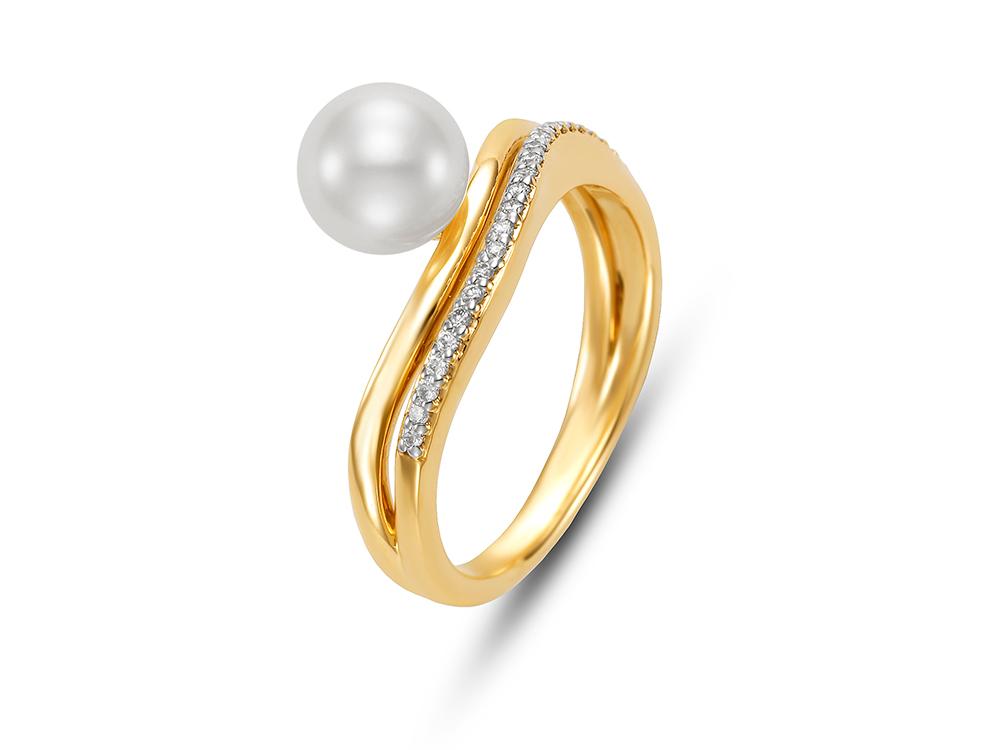 14KYG 0.11CTW ASYMMETRICAL DIA AND PEARL WAVE RING