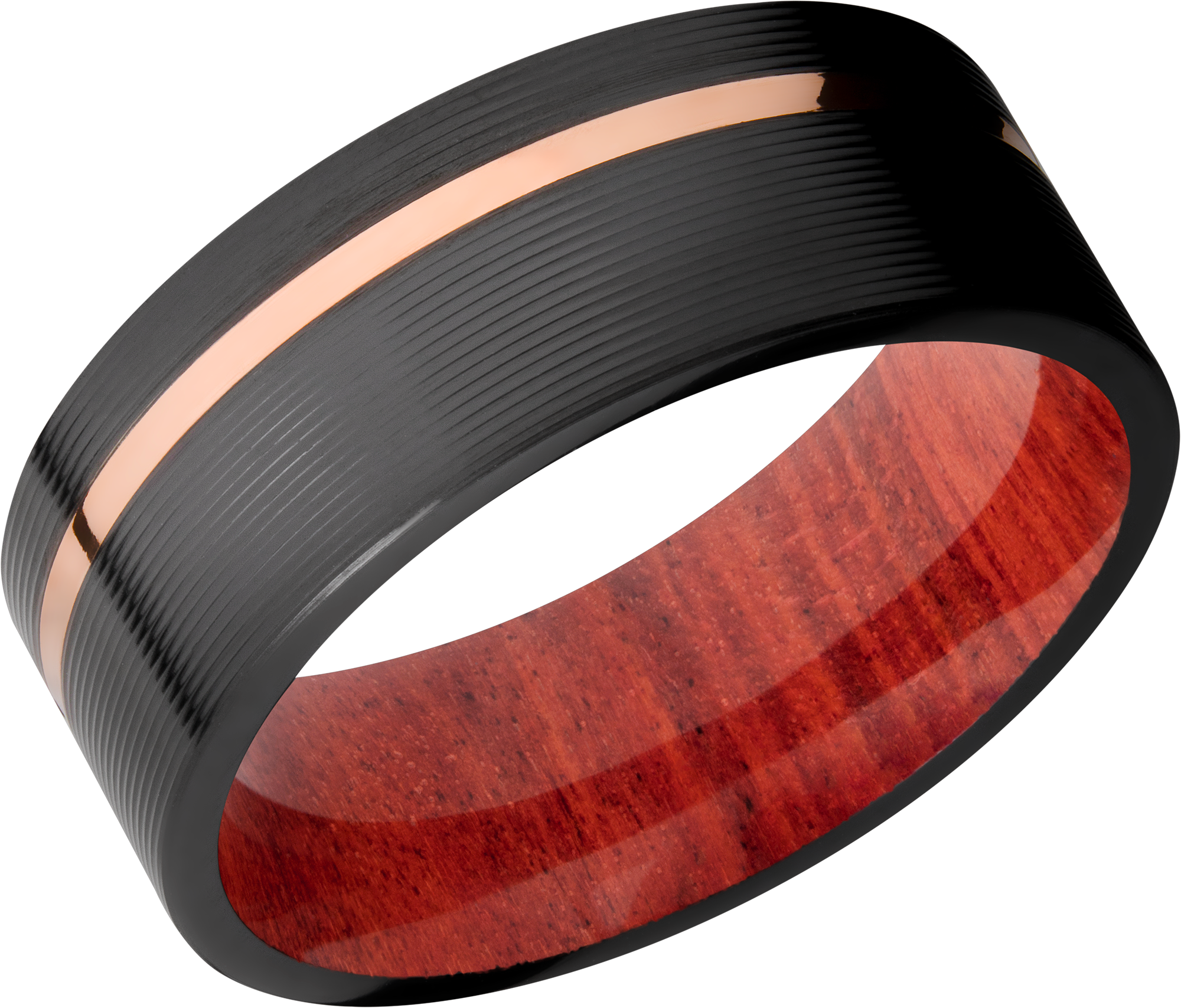 Hardwood sleeve on the inside of a Black zirconium 8mm flat band with one inlay that is set off cen